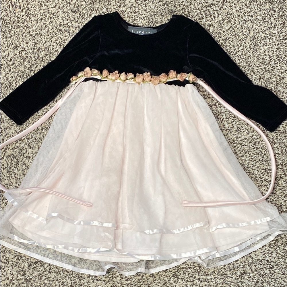 Biscotti Black Velvety and Pink Long Sleeve Formal Dress